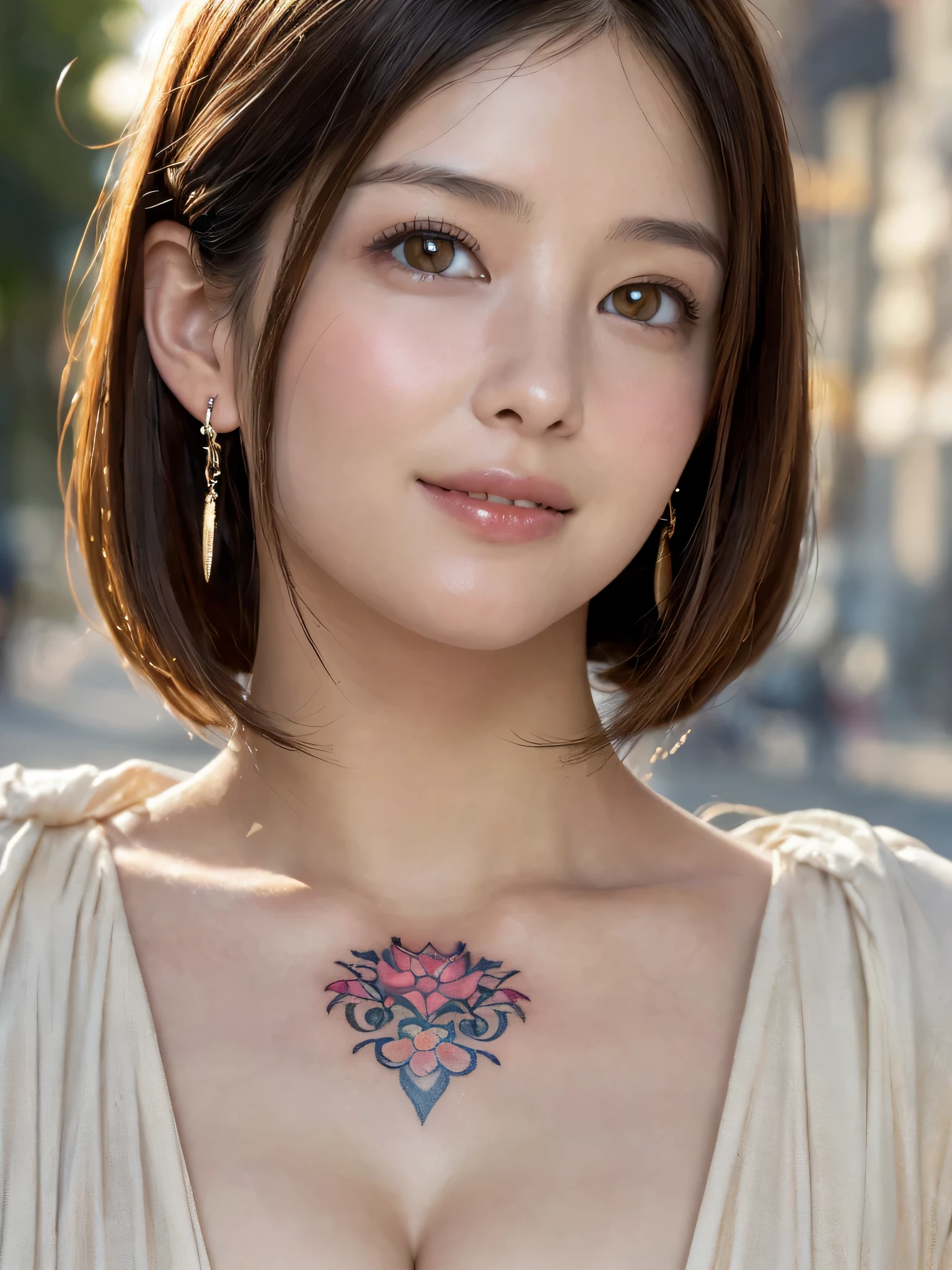 (sfw:1.5)、High resolution symmetrical images, Girl and Horihada, Yakuza, Japanese Mafia, Movie photo of Japanese cartel leader with tattoos on waist, chest and arms, Cleavage、((Close-up face:1.8))、Upper body portrait、(((Full body tattoos)))、 (Lotus tattoo)、 ((Close-up chest:1.5, Underarm, 胸のAngle from below)), Blonde braids, short hair, ((Art Nouveau)), (Ecstasy Face), (Alphonse Mucha), Small earrings, ((on the road, wood, Buildings in medieval Europe)), Angle from below、(Anatomically correct)、（Perfect body proportions)、(Natural Hands、Natural Fingers)、(Breast Goddess, Woman born from flowers, ((Round face)), Realistic Eye Size, Droopy eyes, smile,I&#39;m bathed in dazzling light