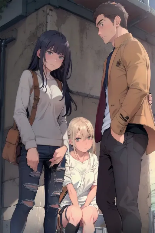 (a young boy:1.25), (a girl:1.1), a man and sakaki yumiko wearing denim jeans and a casual sweatshirt, both individuals have a d...