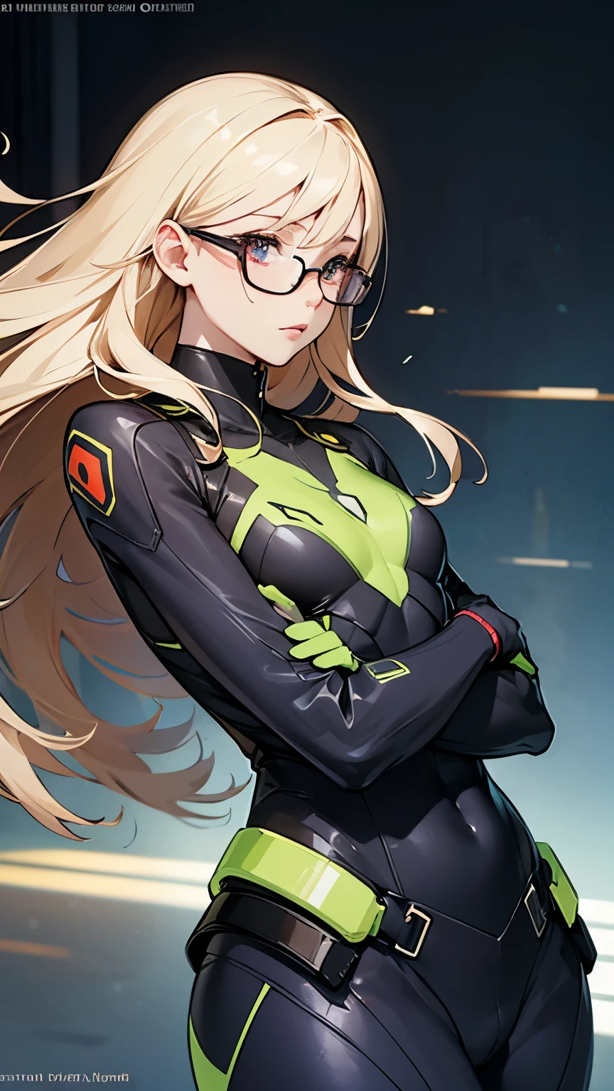 beautiful face, best quality, ultra high resnatural light, shiny skin, detailed skin, detailed face, detailed eyes, beautiful lady, blond hair, straight hair, floating hair, big hair, mole under eye, bespectacled, red frame glasses, A scene from a science fiction movie, a brilliant fantastic background, (a body-hugging green metal suit), thick belt. ((flat chest))
