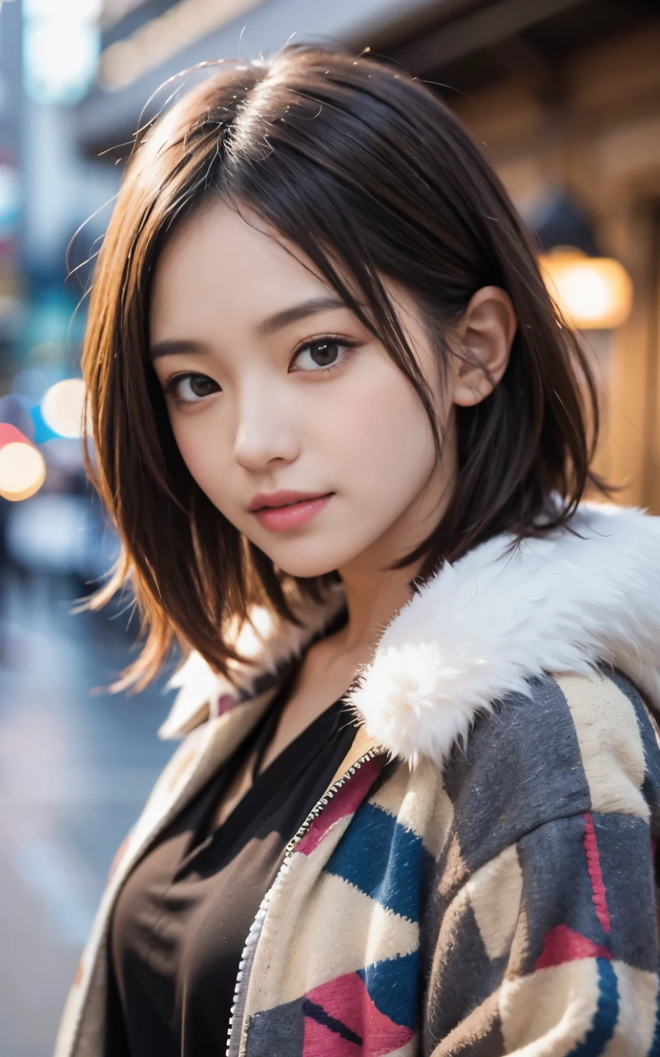 Cute 21 year old Japanese、University、School、campus、Super detailed face、Pay attention to the details、double eyelid、Beautiful thin nose、Sharp focus:1.2、Beautiful woman:1.4、(Light brown hair,short hair、),Pure white skin、highest quality、masterpiece、Ultra-high resolution、(Photorealistic:1.4)、Highly detailed and professional lighting、nice smile、Please show me your whole body、colorful coat、A glimpse of her chest