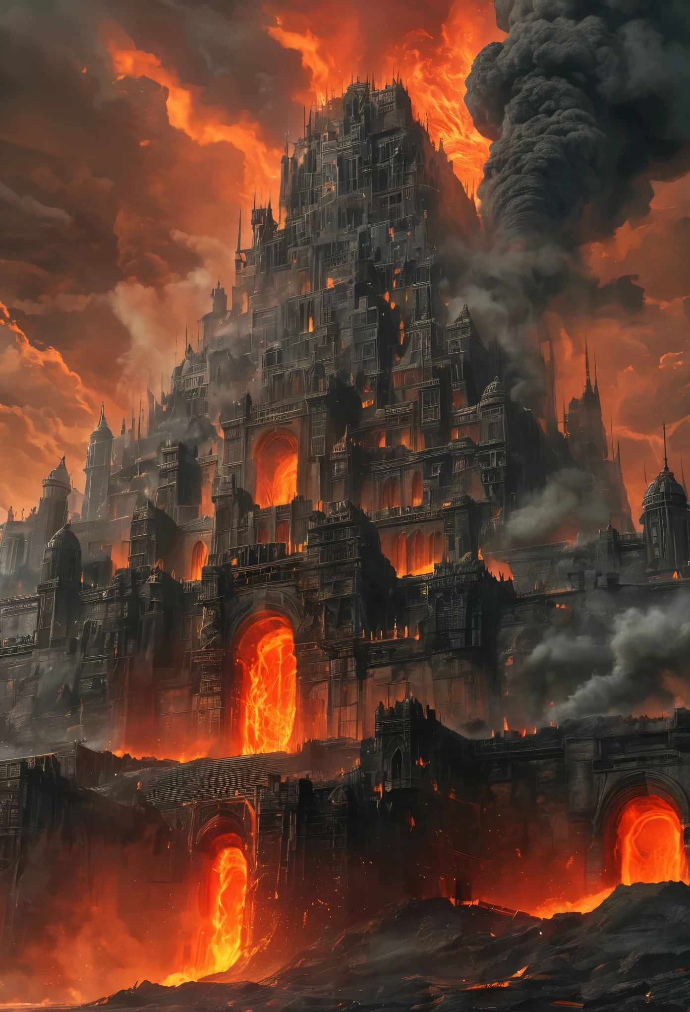 apocalyptic landscape, massive volcanic eruption, splashing flames, flowing lava, erupting, demonic face emerging from thick smoke, barrage of nuclear missiles, cleansing liquid, water rings, palace of fire, gothic castle, (epic:1.0), realistic lighting, high-resolution details, masterpiece, (ultra-detailed CG render in 8k)