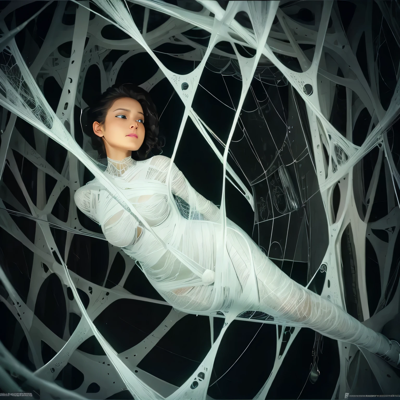 a woman trapped in the spider web, spider web, cocoon, gr3ysh33r,