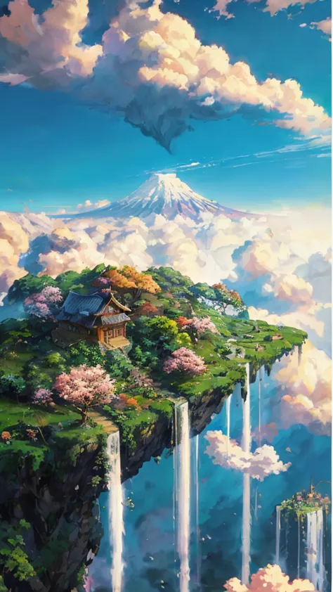a painting of a waterfall and a house in the sky, anime landscape, makoto shinkai cyril rolando, anime nature, beautiful anime s...
