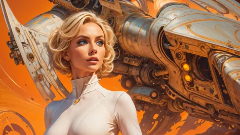 arafed image of a white woman in a futuristic suit with a spaceship in the background, movie art, in front of an orange backgrou...