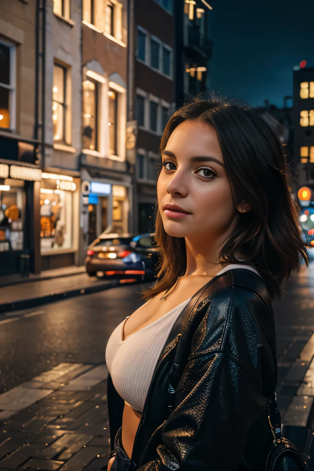 8k, highest quality, ultra details, Emma, European-American beauty, woman, urban cityscape, vibrant and dynamic, reflecting the energy of modern life.