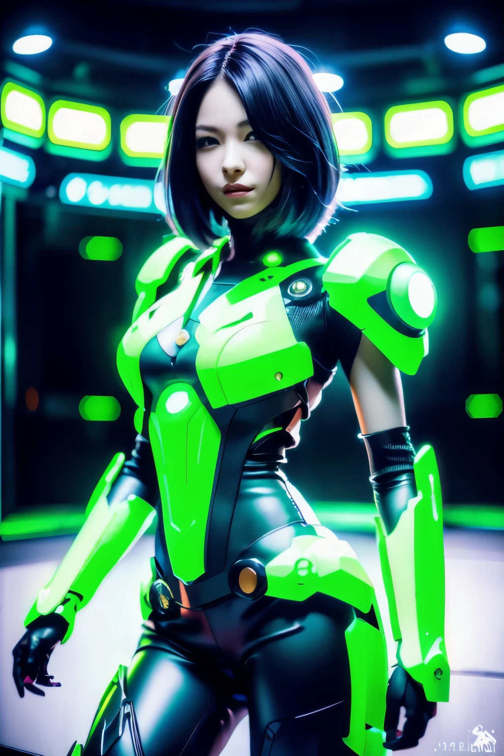 beautiful japanese young woman, extreme detailed, bodysuit, gloves, belt, thigh boots, (valorantViper:1.2), bodysuit, gloves, belt, thigh boots, respirator, looking at viewer, face, portrait, close-up, green, slender, (combat ready stance), (tactical outfit), (solo character), (gaming theme:1.5), short hair, green, (black hair), (milittary gear), (gas mask:0.4), (poisonous green:1.2), (glowing effects),