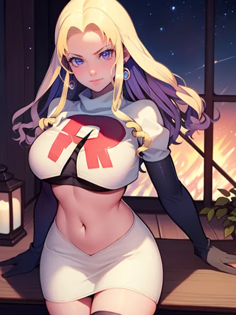 constance_timeskip, purple eyes, glossy lips , team rocket, team rocket uniform, red letter r, white skirt,white crop top,black ...