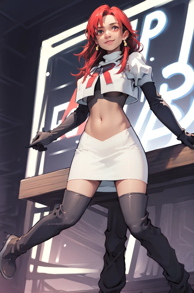 masterpiece, best quality, defHapi, Team rocket, team rocket uniform, red letter R, white skirt,white crop top,black thigh-high boots, black elbow gloves, evil smile, night sky background, earrings, large breasts, high-heeled boots