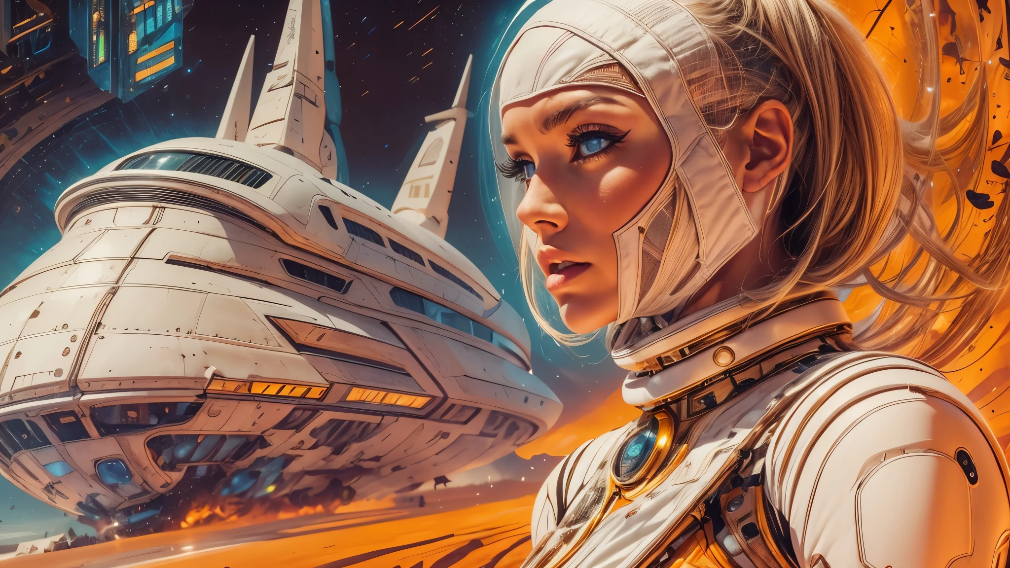 arafed image of a white woman in a futuristic suit with a spaceship in the background, movie art, in front of an orange background, inspired by Robert McGinnis, female protagonist, megastructure in the background, portrait of an ai astronaut, astronauts, an astronaut, portrait of a astronaut skeletor, perfect android girl, detailed eyes, perfectly detailed teeth, frank franzzeta and sakimichan  