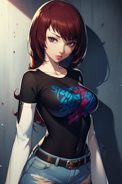 Persona3Mitsuru, cabello rojo, pelo sobre un ojo ,labios brillantes , 1 chica, solo, de pie, camiseta negra, Camisa blanca, Vaqueros azules, cinturón, lápiz labial, pechos grandes, mangas en capas