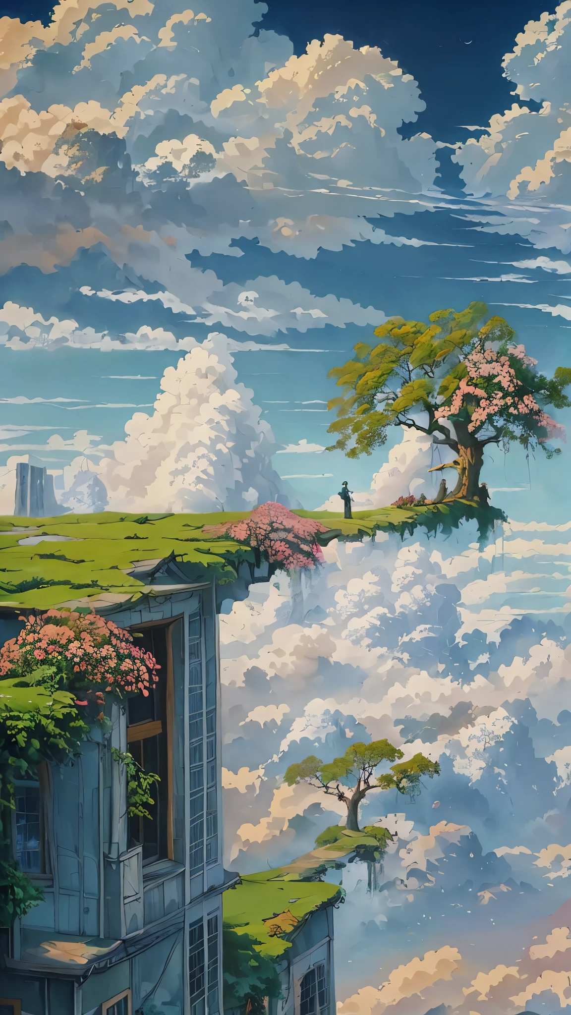 pintura de uma casa com uma árvore em um penhasco acima das nuvens, Kilian Eng e Thomas Kinkade, Rob Gonsalves e Tim White, Silvain Sarrailh, Rhads and thomas kinkade, inspirado em RHADS, Cyril rolando e m.w kaluta, Cyril rolando e m. w kaluta, Rhads!!!