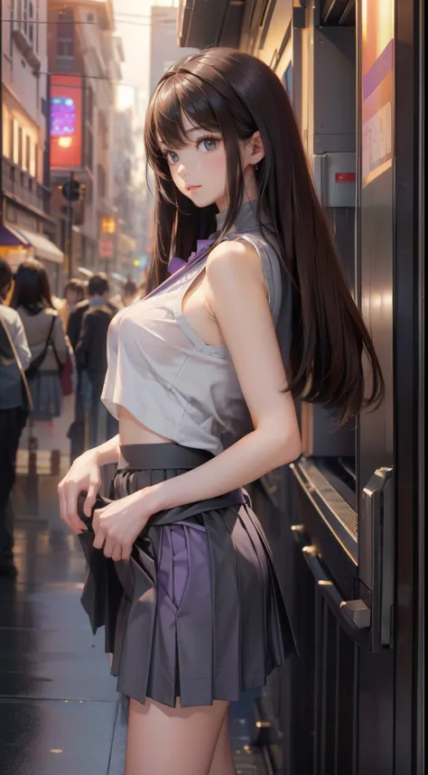 1 girl,(Very detailed肌),bent,,Facing forward、Looking at the audienceいる、Gray purple sleeveless high neck sweater、beautiful胸,Big B...