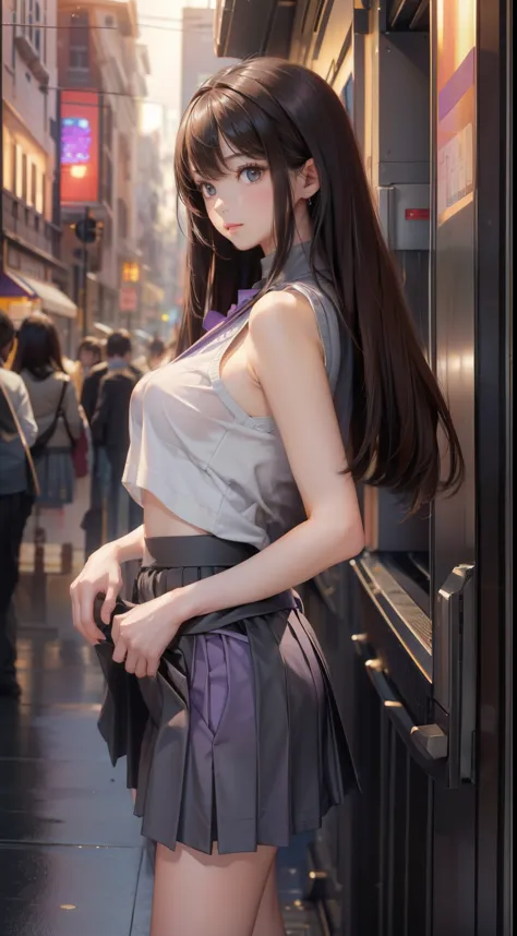 1 girl,(very detailed肌),bent,,facing forward、looking at the audienceいる、gray purple sleeveless high neck sweater、beautiful胸,big b...