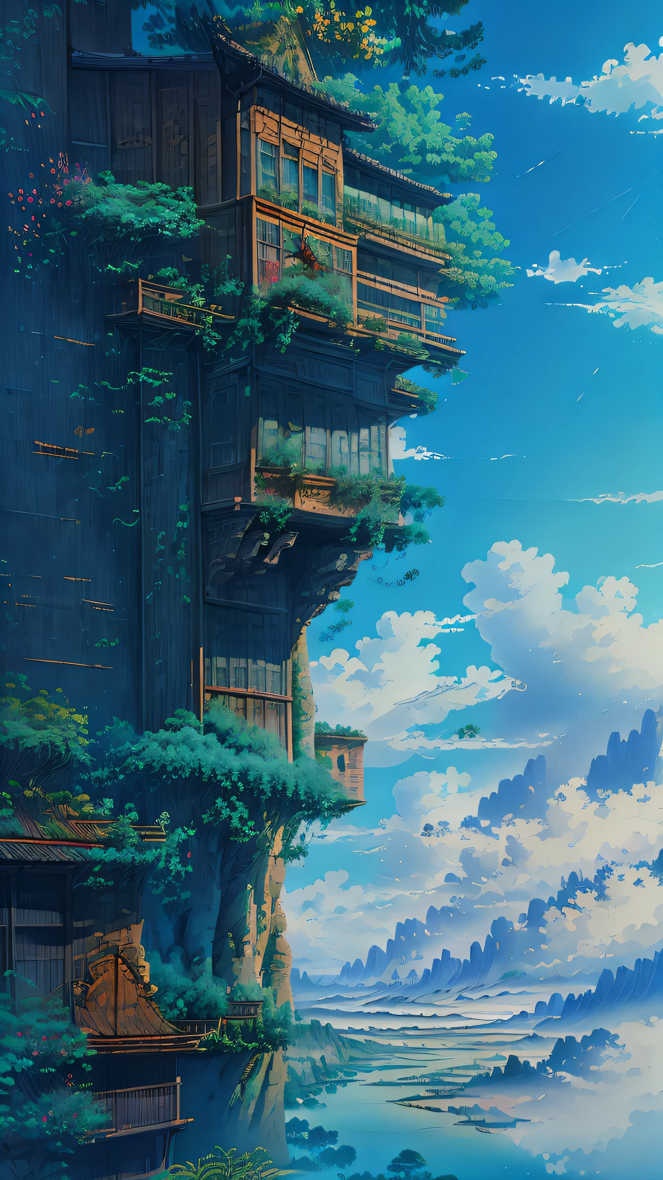 paisaje anime de un hombre parado en una cornisa mirando un edificio alto, Jardines colgantes, Makoto Shinkai Cyril Rolando, hermoso y detallado pixel art, fondo de pantalla de arte anime 4k, fondo de pantalla de arte anime 4k, Arte digital 4k muy detallado, increíble fondo de pantalla, estilo anime 4k, paisaje detallado —ancho 672, ciudad flotante en el cielo