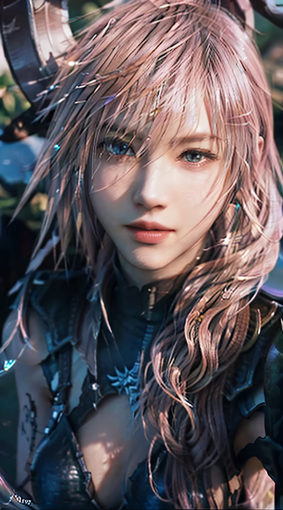 Trending on Artstation, Trending on CGSociety, Complex, Attention to detail, Sharp focus, 1 1.8, dramatic, Starry Sky, 1 Female, claire fallon, Lightning from Final Fantasy XIII: lightning returns game , Lightning&#39;s Equilibrium Costume, red and black themed costume, I&#39;m watching you, Closed mouth smile,20-year-old, Mature, Surreal, Ray Tracing, Looking at the camera, Photorealistic drawing art by Midjourney and Greg Rutkowski, sketch, masterpiece, highest quality, Lightning pink hair, Very detailed, 1 Female, Half Body, Head to Bust Scope, Standing position, Beautiful and detailed eyes, Cute face, bust, Large Breasts, Beautiful and delicate features, (Botanical illustration: 1.5), No pornographic exposure, Your breasts will get bigger, Cleavage, No blur, perfect , Gestures perfect for the camera, perfect pose, Beautiful smile, Laugh with your mouth closed