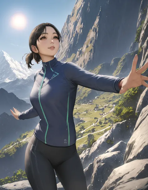 (highest quality, masterpiece:1.2), Very detailed, Realistic:1.37, 8k, High resolution, Very detailed背景, Majestic Mountain々Silhouette of a girl climbing a hill leading to, (Climber-style sportswear with long sleeves and pants), A person reaching out under ...