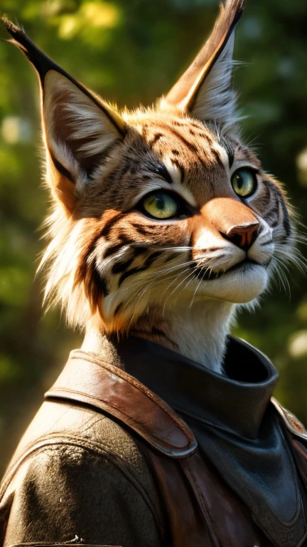 (melhor qualidade,4K,8K,alta resolução,obra de arte:1.2),Ultra-detalhado,(realista,photorealista,photo-realista:1.37),lince feminino vestindo uma jaqueta preta,cauda curta,gato selvagem,foco nitído,Olhos penetrantes,textura peluda,descrição do detalhe,Pose marcante,fundo da floresta,cores vivas,vegetação exuberante,luz solar suave,sombras sutis,iluminação tipo sumer,amante dos animais,renderização artística.