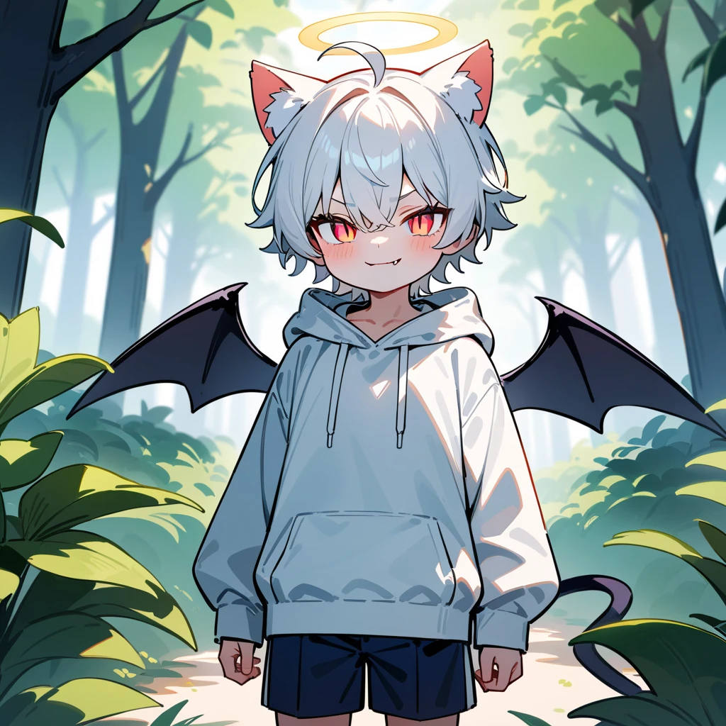 （masterpiece：1.2，high quality），8K，High resolution，A seven-year-old boy，cute boy，white hair，short hair，light red eyes，slit pupils， ahoge，cat ears，evil smile，fang out，Halo，It has black wings on the back，Wearing a white hoodie，Dark blue shorts，Stand in the forest，There are flowering trees on both sides.，primary school student，thigh，alone，demon tail