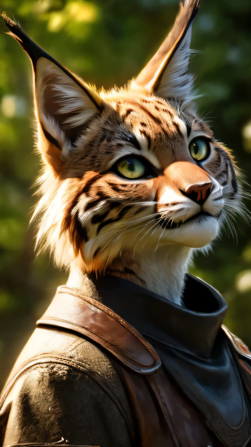 (best quality,4k,8k,highres,masterpiece:1.2),ultra-detailed,(realistic,photorealistic,photo-realistic:1.37),female lynx wearing a black jacket,short tail,wild cat,sharp focus,piercing eyes,furry texture,detail description,striking pose,forest background,vivid colors,lush greenery,soft sunlight,subtle shadows,sumer-like lighting,animal lover,artistic rendering.