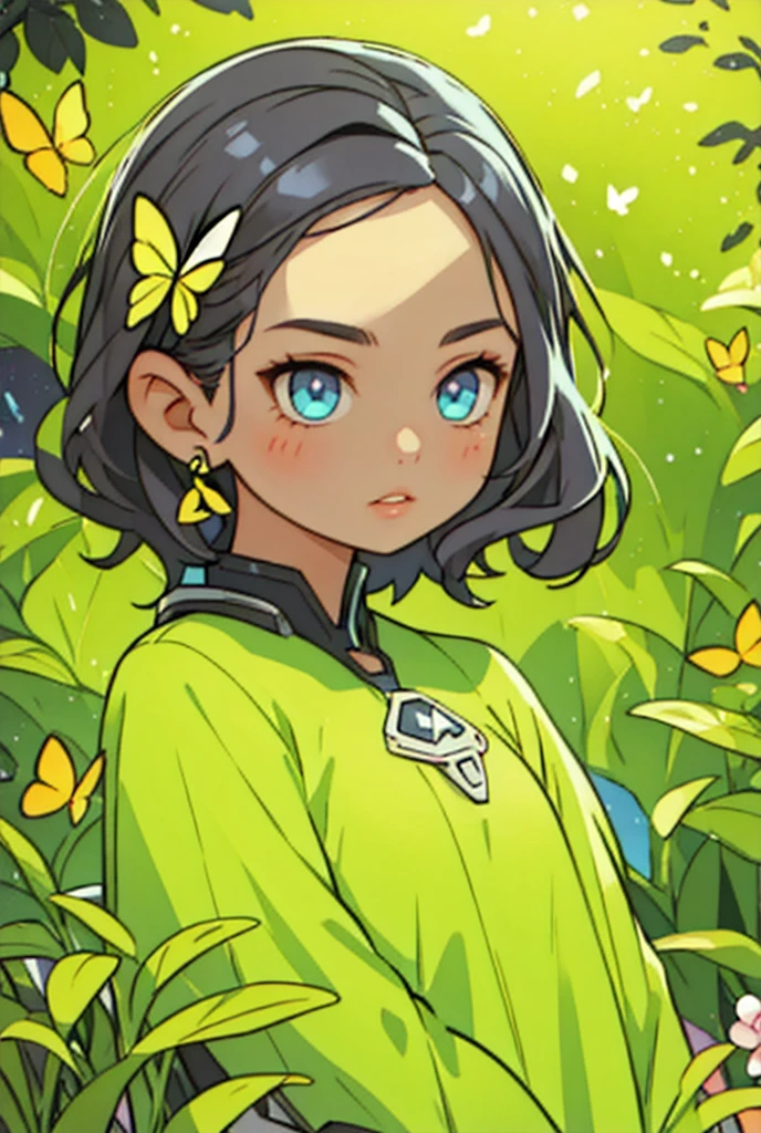 (girl:1.1,wavy black hair,beautiful detailed eyes:green,beautiful detailed lips,tan skin),(oil painting),(colorful garden,with blooming flowers,butterflies flitting around,green grass),(best quality,highres:1.2),(realistic),(vibrant colors,soft pastel tones),(soft lighting)