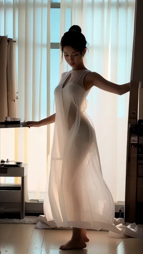 (masterpiece, best quality:1.2), 1girl, solo, delicate face, white-skinned female, see-through silhouette, white dress, full body, indoor