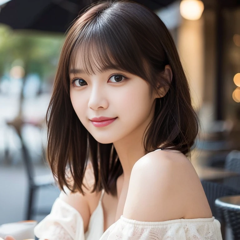 （highest quality:1.5）、(Realistic:1.5)、(1 person:1.5)、Very detailed、finely、High resolution、8k wallpaper、Perfect dynamic composition、Small breasts、Natural color lip、Cute smile、Japanese women、20-year-old girl、Beautiful and elaborate face、Perfect and beautiful face、Beautiful and detailed、Big eyes、Brunette eyes、Beautiful and elaborate face、Perfect and beautiful double eyelids、Natural Bangs、Beautiful thin nose、Beautiful Skin、Maroon brown hair、Medium Bob Hair、Short Hair、Natural Bangs、Open Cafe、Terrace seats、Perfect and beautiful face、Natural pose、Slim face and figure、(looking at the camera)、Bright lighting、Professional Lighting、front lighting、Bold sexy pose、Natural smile、Cold Shoulder、Halter Shoulder、Beautiful clavicle、（A sexy shot of her looking straight at the camera）、
