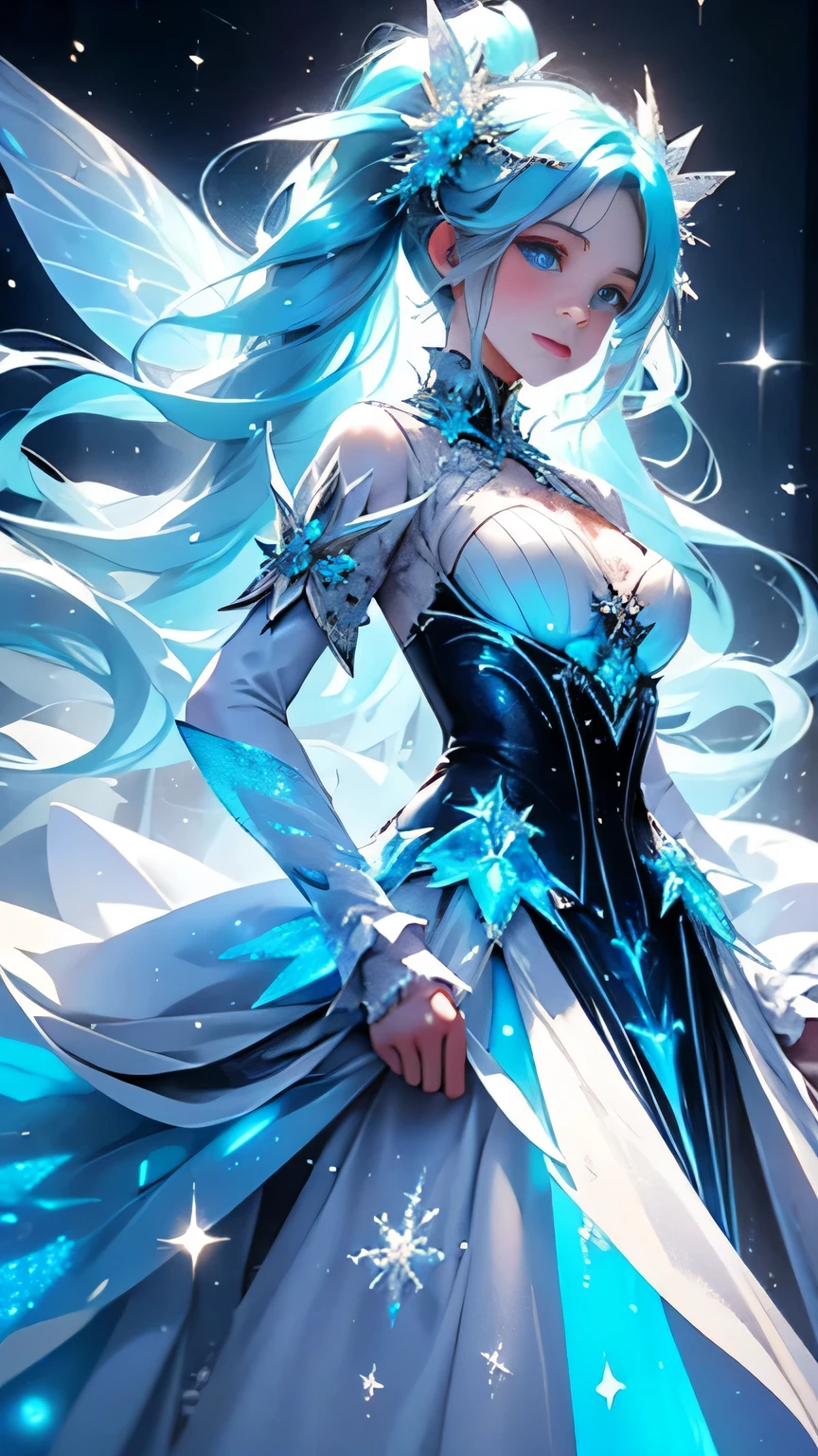 Masterpiece, best quality, long light blue hair, twin tails, sparkling blue eyes, gothic, ice, ice clothes, frills, detailed background, glowing particles in the air, particles of light, ice world, An ice fairy flying through powder snow. She wears a costume decorated with ice crystals. A fantastic ice flower. smile,