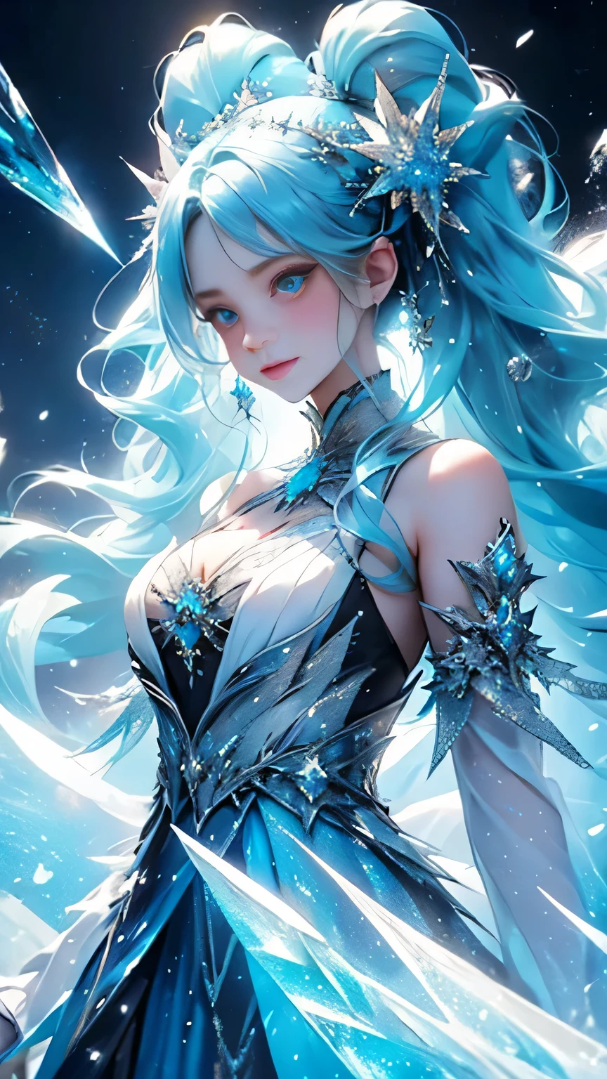 Masterpiece, best quality, long light blue hair, twin tails, sparkling blue eyes, gothic, ice, ice clothes, frills, detailed background, glowing particles in the air, particles of light, ice world, An ice fairy flying through powder snow. She wears a costume decorated with ice crystals. A fantastic ice flower. smile,