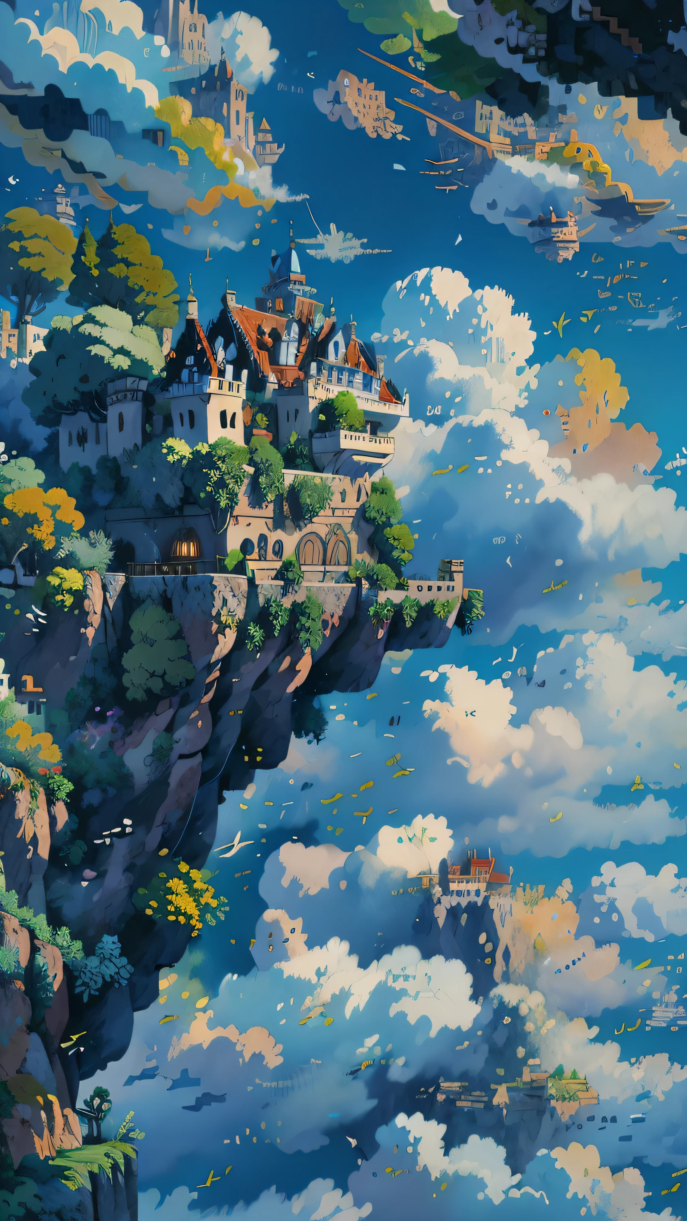 peinture d&#39;un homme debout sur une falaise avec un arbre dans le ciel, animé, nature, palais des nuages, magnifique pixel art détaillé, château de nuages volants, Art numérique 4K très détaillé, jardins suspendus, Île flottante dans le ciel, ciel des studios Ghibli, fond d&#39;écran incroyable, Makoto Shinkai Cyril Rolando, belle scène d&#39;anime, anime belle scène de paix