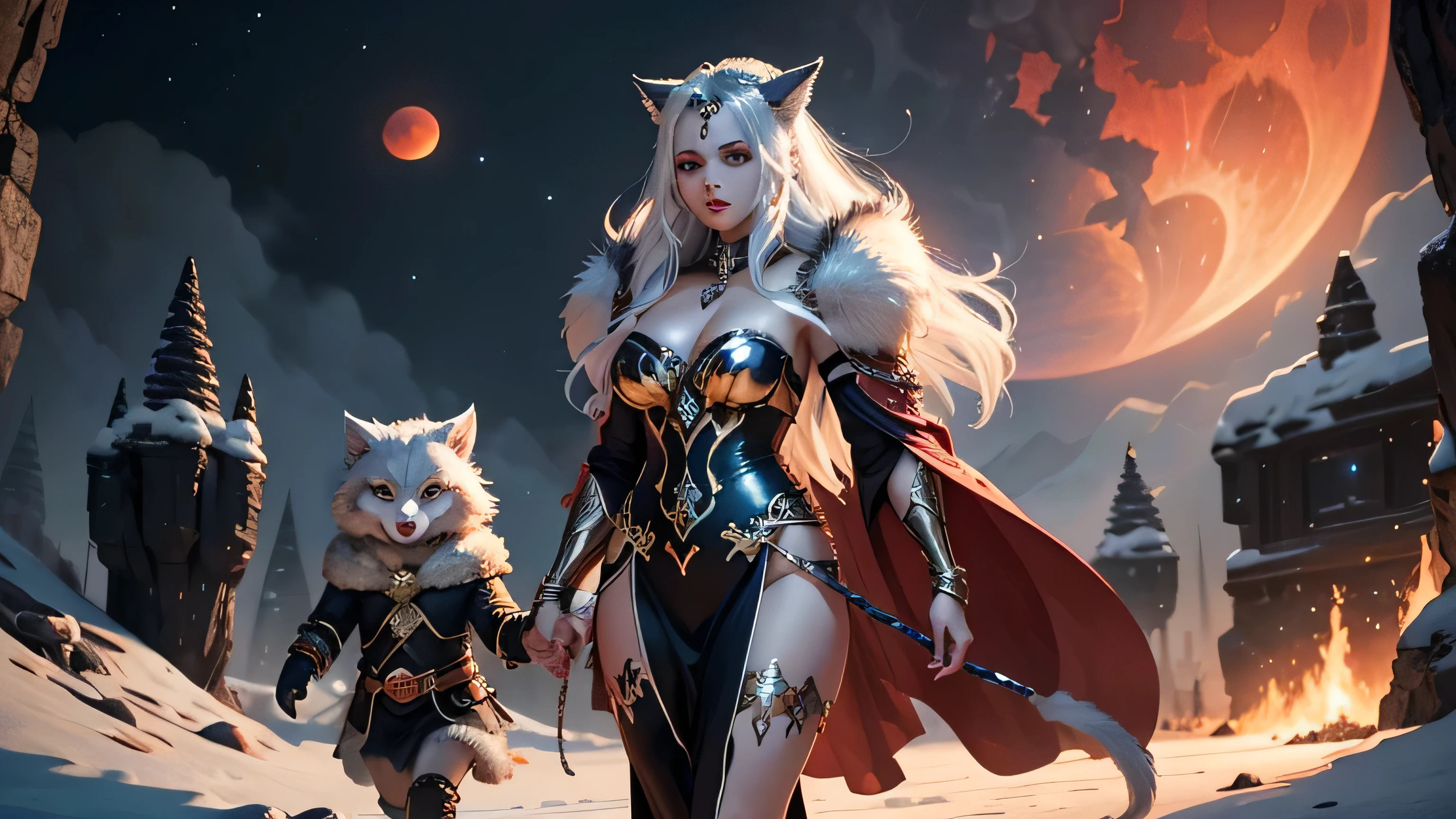 Enrage beautiful female werwolf with silver hair lot of golden jewellery on her ears dressed in fur open fur armor protecting couple wolf cubs near cave layer under the red moon, ultra high quality fantasy art, masterpiece, full body figure character, ultra highquality character design, 8k quality anime art, top quality wallpaper illustration, detailed high quality face, highquality design and acurate physcs