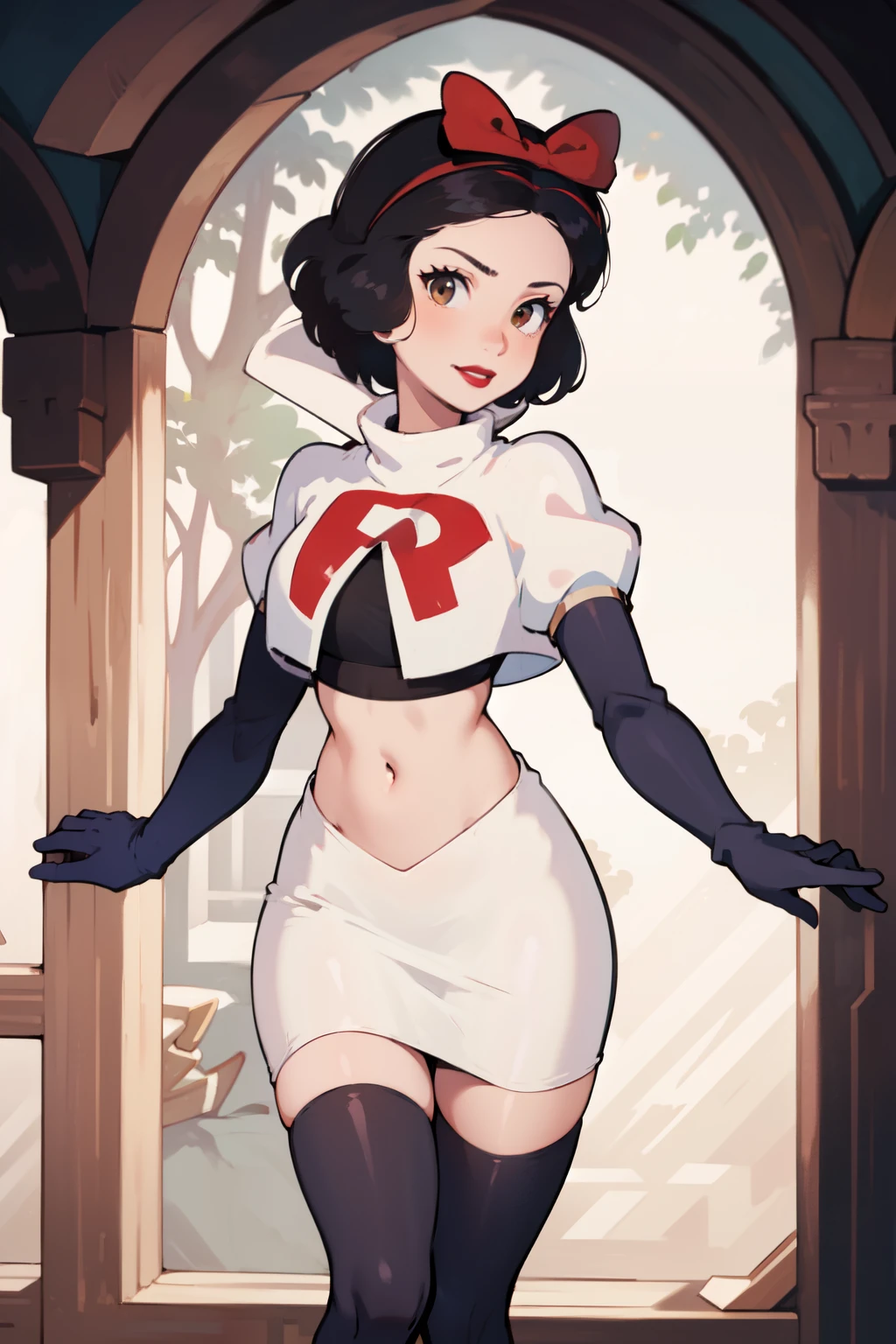 1girl, solo,   SnowWhite, short hair, black hair, smooth hair, bow, brown eyes, lipstick, red lipstick, pale skin, hair bow, hairband, team rocket,team rocket uniform,white skirt,red letter R,crop top,black thigh-highs,black elbow gloves cowboy shot, looking at viewer,