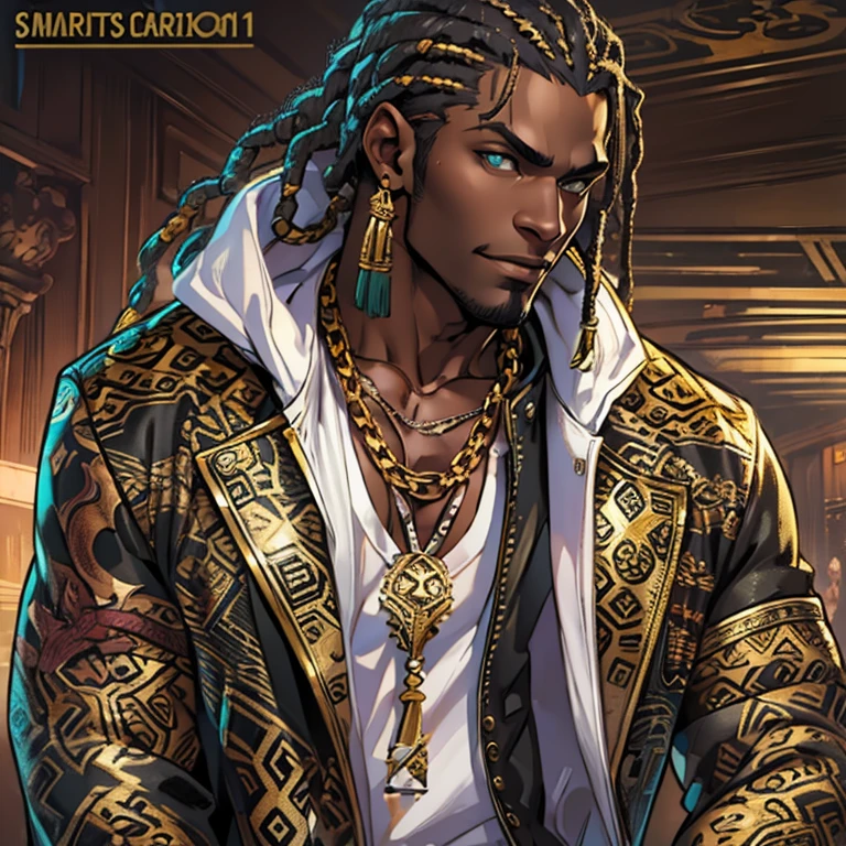 masterpiece, best quality, 8k, artstation, sharp focus, ultrarealistic, high details, black skinned, a close up of a dark skin person wearing a brown jacket((jaguar spotted texture)), white tank top underneath jacket, dark gray jeans with a black belt on his waist,He also wears two golden chain necklace in his neck and a long necklace with three black rounded pendants at the center. African American character in tekken, dark green eyes, dreadlock hairstyle, half body close-up shot, male character, singlehighly detailed exquisite fanart, anime portrait of a handsome man, high quality portrait, detailed character art, full art illustration, human male character art, highly detailed character design, male character design(((black:1.5, gold:1.1, white:1.3)))