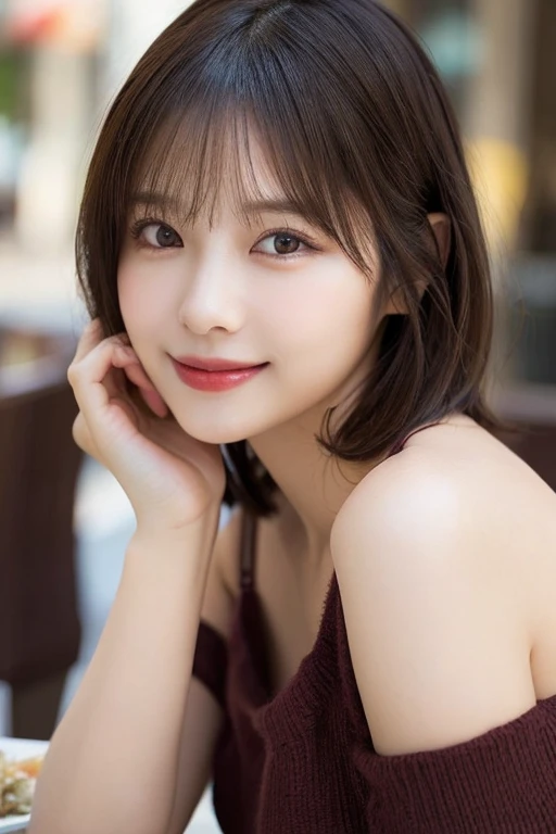 （highest quality:1.5）、(Realistic:1.5)、(1 person:1.5)、Very detailed、finely、High resolution、8k wallpaper、Perfect dynamic composition、Small breasts、Natural color lip、Cute smile、Japanese women、20-year-old girl、Beautiful and elaborate face、Perfect and beautiful face、Beautiful and detailed、Big eyes、Brunette eyes、Beautiful and elaborate face、Perfect and beautiful double eyelids、Natural Bangs、Beautiful thin nose、Beautiful Skin、Maroon brown hair、Medium Bob Hair、Short Hair、Natural Bangs、Open Cafe、Terrace seats、Perfect and beautiful face、Natural pose、Slim face and figure、(looking at the camera)、Bright lighting、Professional Lighting、front lighting、Bold sexy pose、Natural smile、Cold Shoulder、Halter Shoulder、Beautiful clavicle、（A sexy shot of her looking straight at the camera）、
