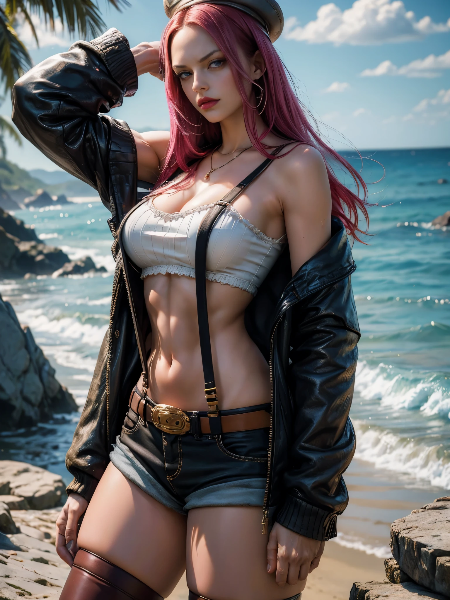 ((top-quality, 8K, masterpiece:1.3)), detailed eyes, (looking at from the front), Look at the camera, ((Everything is sparkling, reflecting light:1.2)), (Best Ratio: 4 fingers, 1 thumb), (portrait), (((Jewelry Bonney from One Piece))), JewelryBonneyV2, 1girl, solo, (cute Asian face),((cute young face)), long hair, pink hair, hat, ((slim girl, large breasts, hyperdetailed lips)), red lips, (thighhighs, shorts, suspenders, boots, purple eyes), navel, midriff, crop top, belt, suspender shorts, complex detailed background, barren land, rocks, ocean, nature environment, standing, (upper body image :1.5)