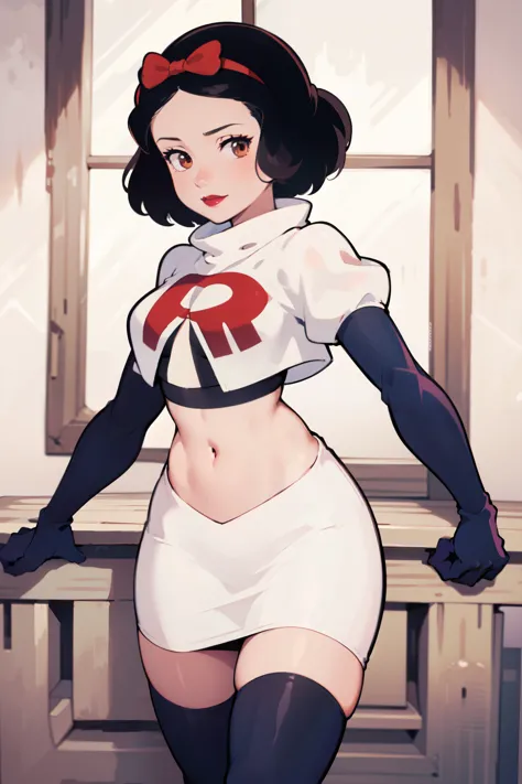 1girl, solo,   snowwhite, short hair, black hair, smooth hair, brown eyes, lipstick, red lipstick, pale skin, hair bow, hairband...