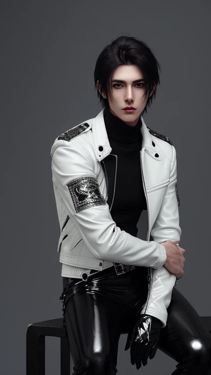 Final Fantasy-style graphics, young, Cute and cool Japanese boys, Thin eyebrows and big eyes,  He is wearing a shiny white single-breasted leather jacket...。Biker style leather jacket、 with epaulettes,  The jacket is zipped up, The jacket pockets are black., The jacket has a high stand-up collar with a belt, Also wearing a black turtleneck, black leather pants, Thin black leather gloves on both hands, Black leather knee-high lace-up boots, Show me your whole body from head to toe, Final Fantasy Style、((good looking))、((Clear eyes and nose))、((Shiny white single leather jacket))、((The jacket must be white))、((The jacket has epaulettes))、((The jacket has a high stand-up collar and a belt))、((The jacket has a black pocket))、((Black turtleneck shirt))、((光沢のあるblack leather pants))、((Shiny black leather gloves on both hands))、((Black lace-up leather long boots))、((View the whole body image from a distance))、Realistic image quality and texture、In a small cell、close your eyes、A kind smile、((The jacket is closed with a zipper))、((No exposed skin below the neck))、((Round face and slightly small))、((Short hairstyle))