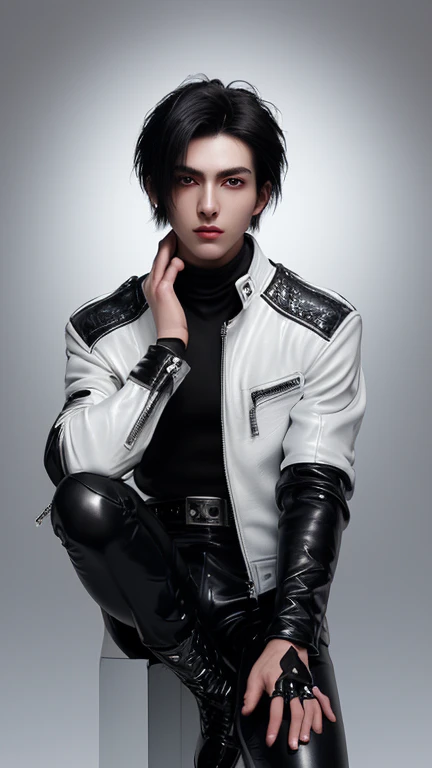 Final Fantasy-style graphics, young, Cute and cool Japanese boys, Thin eyebrows and big eyes,  He is wearing a shiny white single-breasted leather jacket...。Biker style leather jacket、 with epaulettes,  The jacket is zipped up, The jacket pockets are black., The jacket has a high stand-up collar with a belt, Also wearing a black turtleneck, black leather pants, Thin black leather gloves on both hands, Black leather knee-high lace-up boots, Show me your whole body from head to toe, Final Fantasy Style、((good looking))、((Clear eyes and nose))、((Shiny white single leather jacket))、((The jacket must be white))、((The jacket has epaulettes))、((The jacket has a high stand-up collar and a belt))、((The jacket has a black pocket))、((Black turtleneck shirt))、((光沢のあるblack leather pants))、((Shiny black leather gloves on both hands))、((Black lace-up leather long boots))、((View the whole body image from a distance))、Realistic image quality and texture、In a small cell、close your eyes、A kind smile、((The jacket is closed with a zipper))、((No exposed skin below the neck))、((Round face and slightly small))、((Short hairstyle))