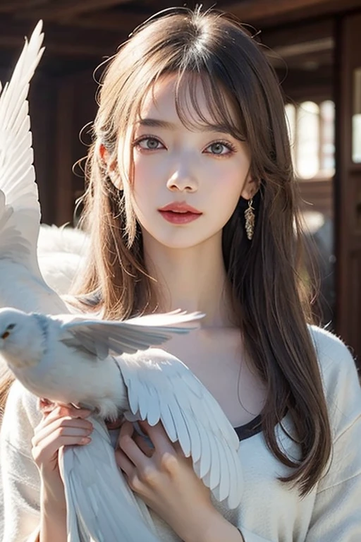 Beautiful woman with red eyes posing for elegant photo with white giant bird, arpino,Gray Hair,Face to face, Ultra-realistic, Clear images,（（Giant white bird on background））,