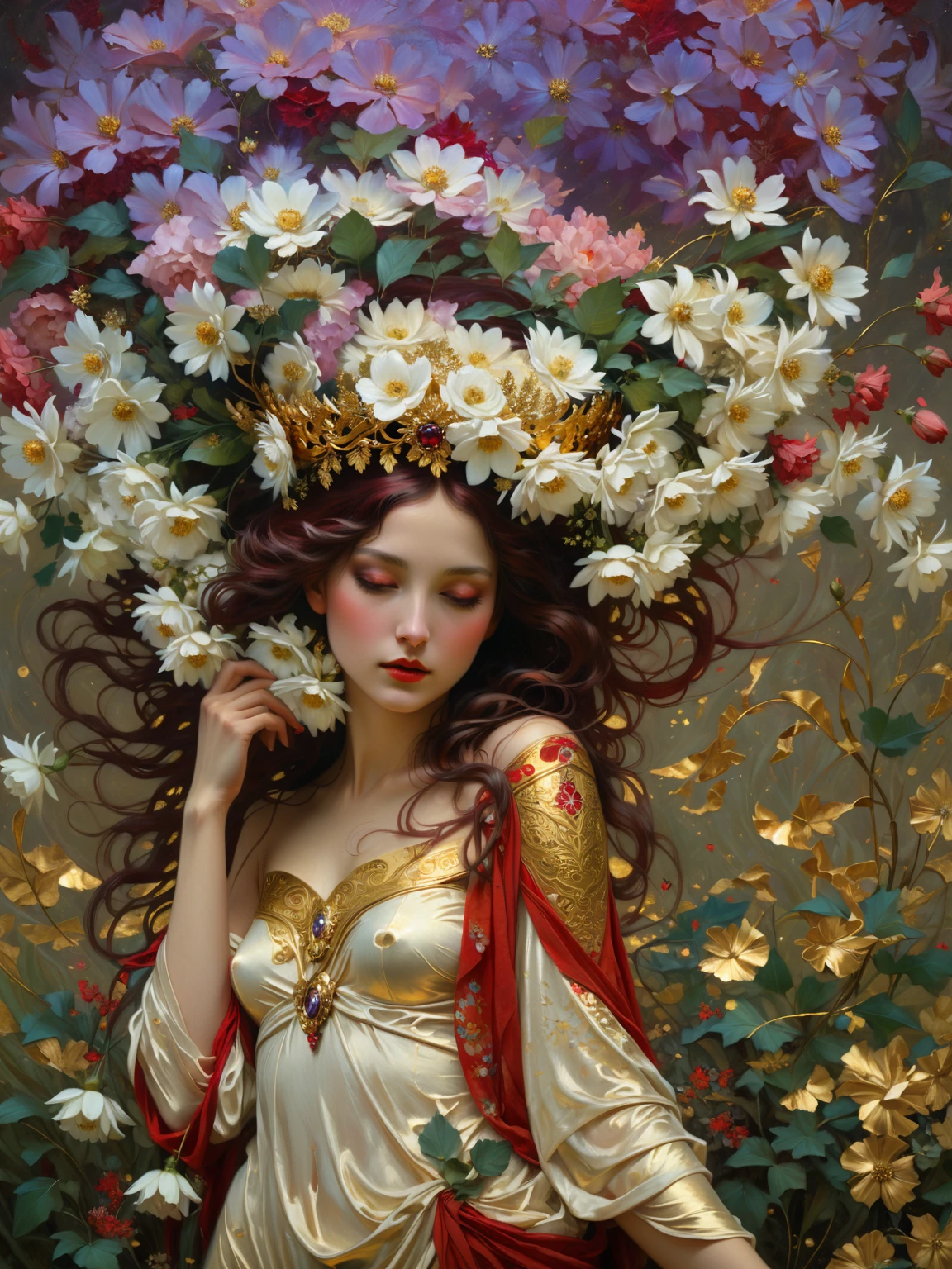 ein Gemälde einer Frau mit einer Blumenkrone auf dem Kopf, Blumengöttin, Frau in Blumen, sie hat einen Blumenkranz, eine Göttin in einem Blumenfeld, mit Blumen bedeckt, mucha klimt and tom bagshaw, Mädchen in Blumen, Persephone im Frühling, Blumenkönigin, Göttin des Frühlings, Jinyoung Shin Kunst, Frauenporträt mit Blumen, RAW-Foto von (Erwachsene:1.3),ein weiblicher Ausbruch von spritzig-karmesinroten Kaskaden,Die Verflechtung von Magie und Technologie mit zähflüssiger Anziehungskraft verschwindet im Schatten,in einem neoexpressionistischen Meisterwerk der Goldumarmung,oben ohne,kleine Brüste,Haare zwischen den Augen,(schlank, Dünner Körper:0.4),(Chiaroscuro:1.3),(Octane Render-Meisterwerk,Meisterwerk-Skala,schöne Tiefenschärfe,Ultra-Weitwinkel,ultradetaillierte CG-Perspektive,ultra dynamische Beleuchtung erstaunliche Schatten,dramatische Beleuchtung), Vermitteln Sie das Gefühl innerer Stärke und Zuversicht. Führen Sie eine sanfte, atmosphärischer Dunst in der Umgebung, Erzeugt eine sanfte Lichtstreuung und vermittelt den Eindruck einer goldenen Aura und Präsenz.