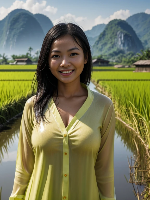 Vietnamese woman in rice paddy, bright sunshine, ankle length dress, shawl, long sleeved shirt, bright clothing, dark skin, highres,4k,HDR,1girl, photorealistic, realistic,sweat skin, thin face, standing in water, medium breasts, wet clothes, wet body, soaked, dripping, smiling at viewer, closeup