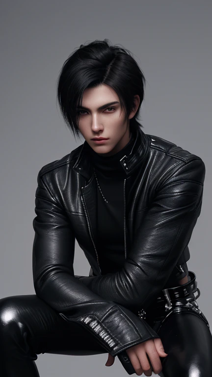 Final Fantasy-style graphics, young, Cute and cool Japanese boys, Thin eyebrows and big eyes,  He is wearing a shiny white single-breasted leather jacket...。Biker style leather jacket、 with epaulettes,  The jacket is zipped up, The jacket pockets are black., The jacket has a high stand-up collar with a belt, Also wearing a black turtleneck, black leather pants, Thin black leather gloves on both hands, Black leather knee-high lace-up boots, Show me your whole body from head to toe, Final Fantasy Style、((good looking))、((Handsome))、((Clear eyes and nose))、((Shiny white single leather jacket))、((The jacket must be white))、((The jacket has epaulettes))、((The jacket has a high stand-up collar and a belt))、((The jacket has a black pocket))、((Black turtleneck shirt))、((black leather pants))、((Shiny black leather gloves on both hands))、((Black lace-up leather long boots))、((View the whole body image from a distance))、Realistic image quality and texture、In a small cell、close your eyes、A kind smile、((The jacket is closed with a zipper))、((No exposed skin below the neck))、((Round face)、((Short hairstyle))、((Medium build))、