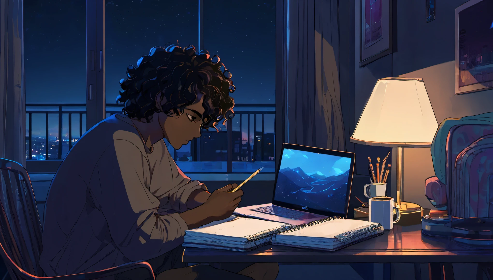 Lofi, Man, Dark skin, Black curly hair, Comfy, Notebook, Coffe, Night, Relax, Room, HD, High Resolution, Masterpiece, 4K