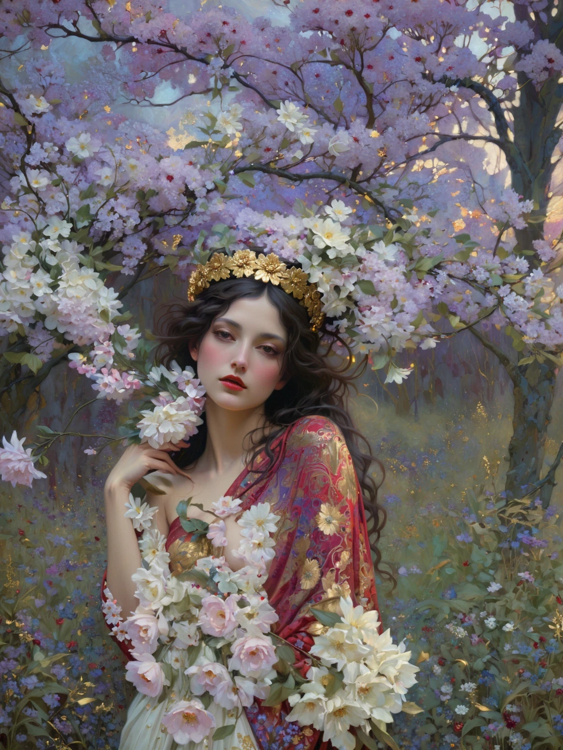 a painting of a woman with a flower crown on her head, flower goddess, woman in flowers, she has a crown of flowers, a goddess in a field of flowers, covered with flowers, mucha klimt and tom bagshaw, girl in flowers, persephone in spring, flower queen, goddess of spring, jinyoung shin art, female portrait with flowers, RAW photo of (adult:1.3),a  female burst of tangy crimson cascades,entwining magic and technology with viscous allure disappears into the shadows,in a neo-expressionist masterpiece of gold embrace,topless,small breasts,hair between eyes,(skinny, thin body:0.4),(chiaroscuro:1.3),(octane render masterpiece,masterpiece scale,beautiful depth of field,ultra wide field,ultra detailed CG perspective,ultra dynamic lighting amazing shadows,dramatic lighting), Convey the sense of inner strength and confidence. Introduce a gentle, atmospheric haze in the environment, creating a soft diffusion of light and giving the impression of gold aura and presence.