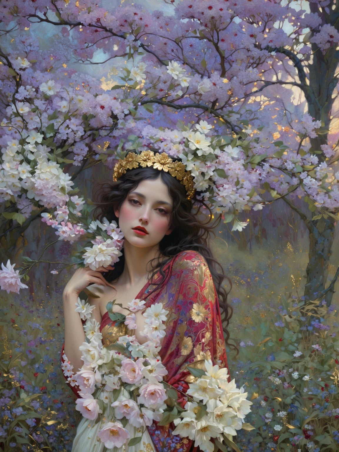 uma pintura de uma mulher com uma coroa de flores na cabeça, deusa das flores, mulher em flores, ela tem uma coroa de flores, uma deusa em um campo de flores, coberto de flores, Mucha Klimt e Tom Bagshaw, garota em flores, Perséfone na primavera, rainha das flores, deusa da primavera, arte de jinyoung shin, retrato feminino com flores, Foto CRU de (adulto:1.3),uma explosão feminina de cascatas carmesim picantes,entrelaçando magia e tecnologia com um fascínio viscoso desaparece nas sombras,numa obra-prima neo-expressionista de abraço dourado,topless,seios pequenos,cabelo entre os olhos,(magrelo, corpo magro:0.4),(claro-escuro:1.3),(obra-prima de renderização de octanas,escala de obra-prima,bela profundidade de campo,campo ultra amplo,perspectiva CG ultra detalhada,iluminação ultra dinâmica sombras incríveis,iluminação dramática), Transmitir a sensação de força interior e confiança. Apresente um gentil, neblina atmosférica no meio ambiente, criando uma difusão suave de luz e dando a impressão de aura e presença dourada.