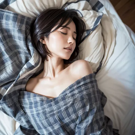 a beautiful japanese woman in her thirties with short hair lies on her bed in her bedroom in the morning, wearing a navy blue lo...