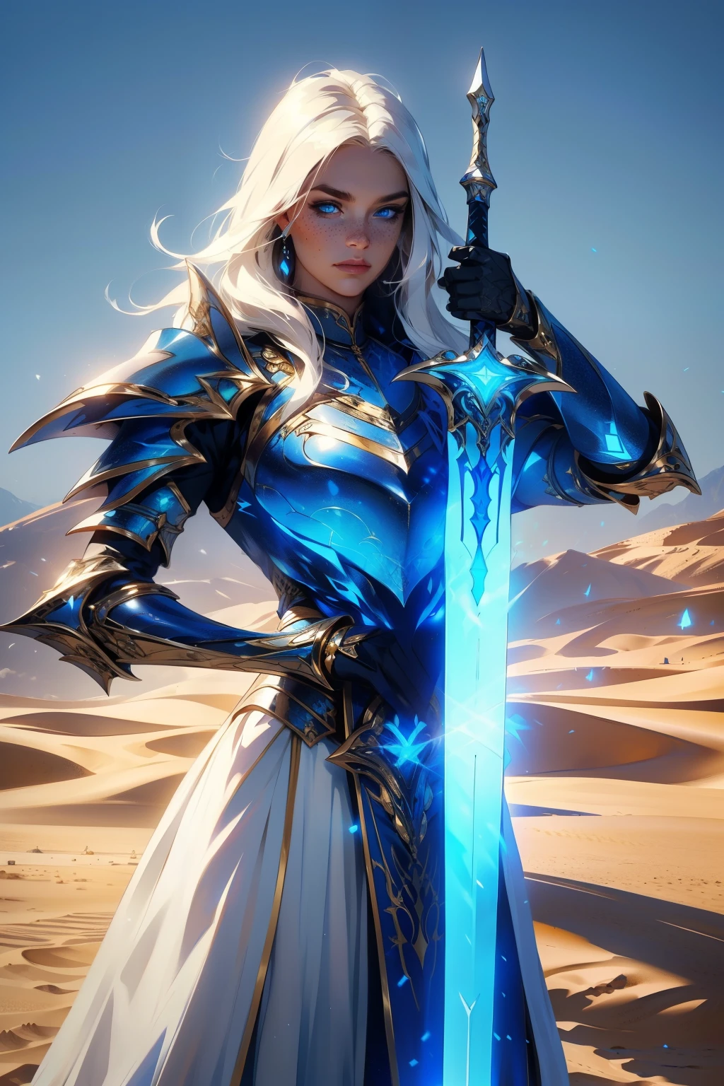 Masterpiece, Ultra Wide Shot, (1girl), (intricate clothes armor), freckles, (beautiful face:1.2), (blue eyes:1.2), (white long hair), (1glowing blue sword stabbed in the ground), (desert background), (desert castle), stones, foggy weather, a beautiful female knight, dark, epic, fantasy art style, uhd, extremely detailed artgerm, 4k fantasy art, beautiful celestial warrior