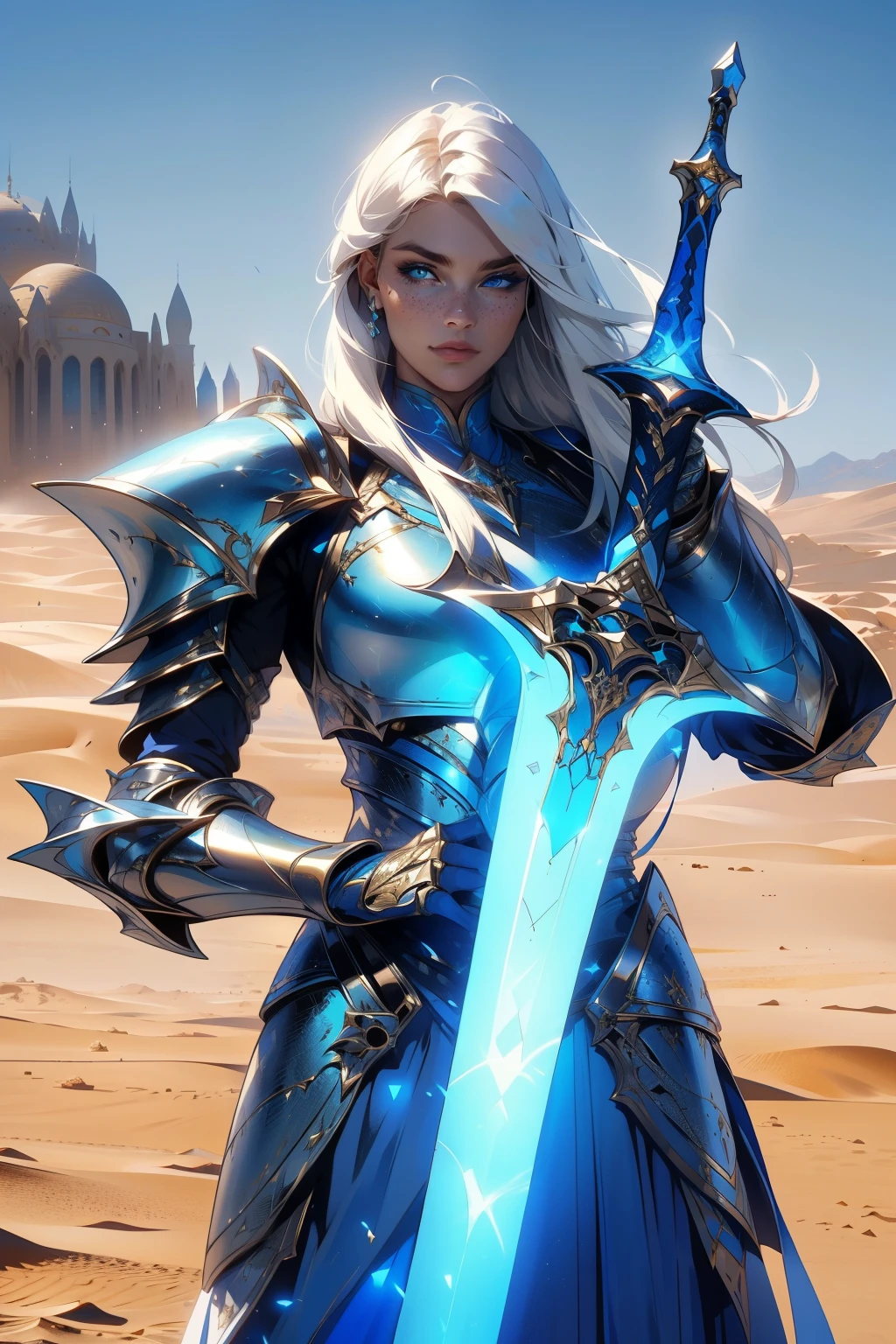 Masterpiece, Ultra Wide Shot, (1girl), (intricate clothes armor), freckles, (beautiful face:1.2), (blue eyes:1.2), (white long hair), (1glowing blue sword stabbed in the ground), (desert background), (desert castle), stones, foggy weather, a beautiful female knight, dark, epic, fantasy art style, uhd, extremely detailed artgerm, 4k fantasy art, beautiful celestial warrior