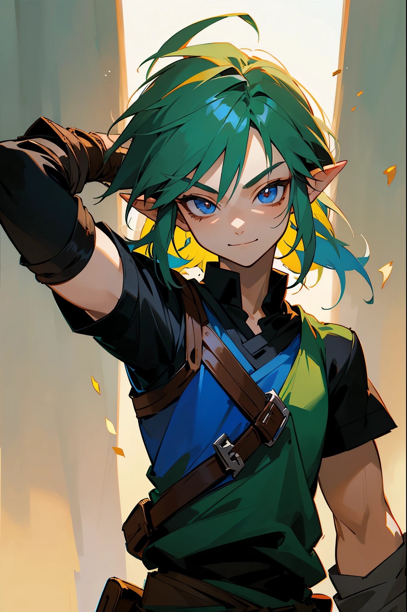 (best quality, masterpiece), 1boy, legend of zelda, link, smile, upper body, two toned hair ,multicolor hair, random color eyes, arms in pockets, muscular, black shirt, 