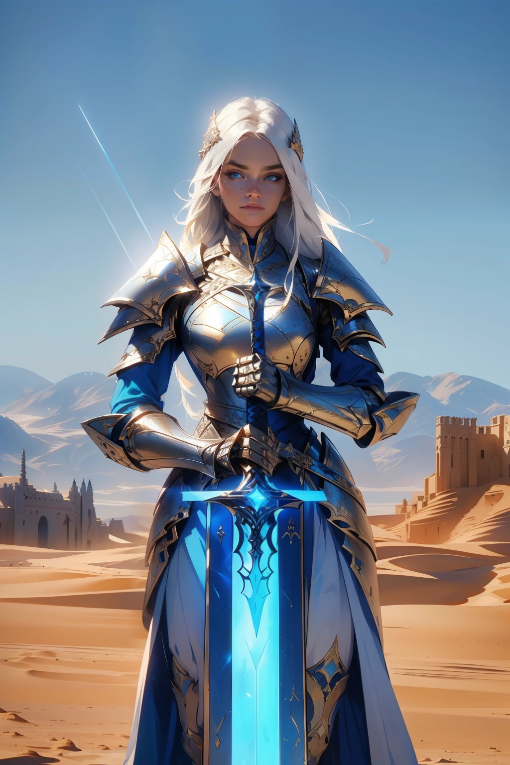 Masterpiece, Ultra Wide Shot, (1girl), (intricate clothes armor), freckles, (beautiful face:1.2), (blue eyes:1.2), (white long hair), (1glowing blue sword stabbed in the ground), (desert background), (desert castle), stones, foggy weather, a beautiful female knight, dark, epic, fantasy art style, uhd, extremely detailed artgerm, 4k fantasy art, beautiful celestial warrior