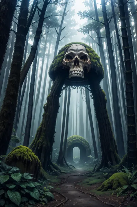 photo of a portal in shape of a giant moss covered skull in the dark forrest, warner brothers film style, mystic, psychodelic at...